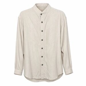 Frontier Classics Mens Beige Cotton Linen Pinstripe Banded Collar Shirt Size L